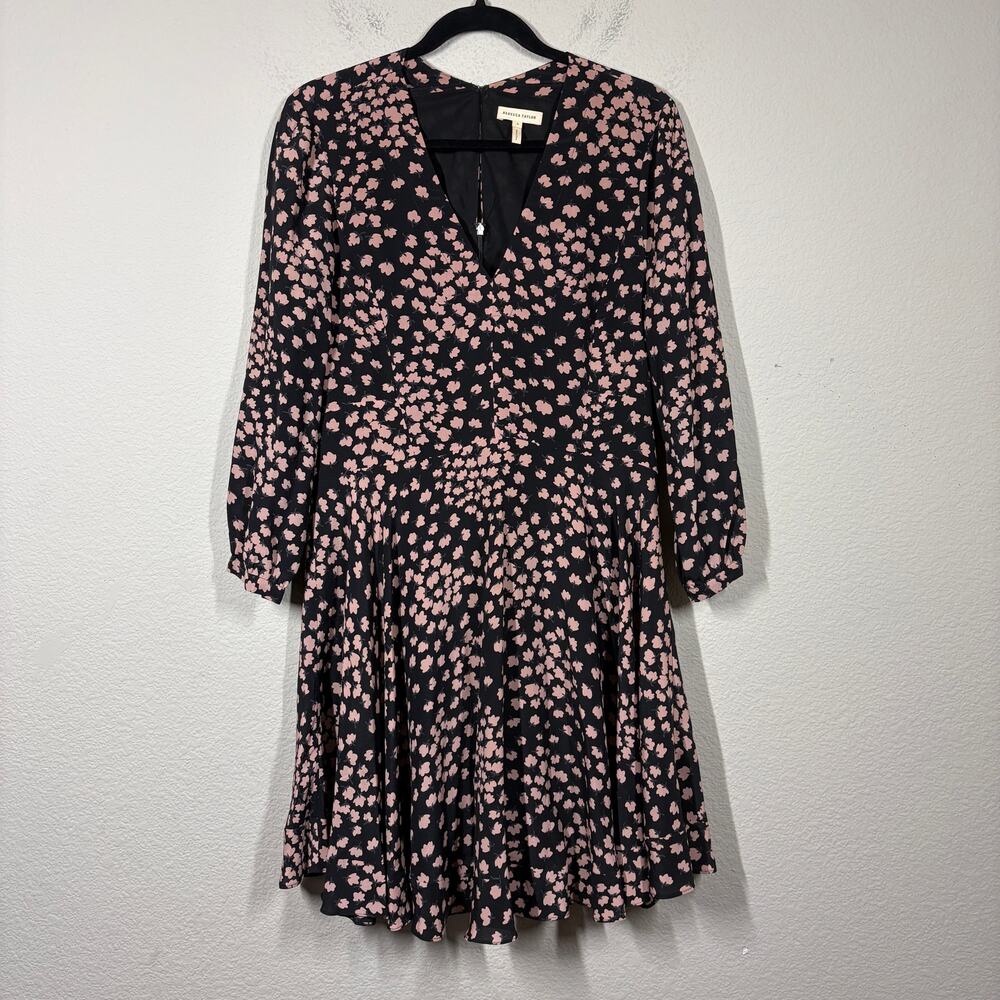 Rebecca Taylor 6 Swing Mini Dress Black Pink Floral Silk V Neck Long Sleeves - Picture 1 of 10